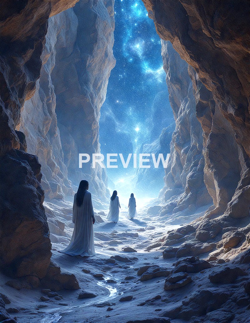 Three women dressed in white robes walk through a rocky, snow-covered canyon towards a luminous sky filled with stars and a glowing galaxy.